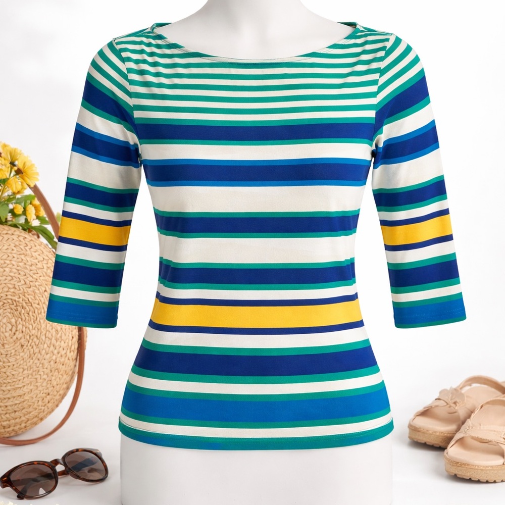 Ruby Rd Size Small Striped Top 3/4 Sleeve Colorful Green Blue Yellow  Blouse